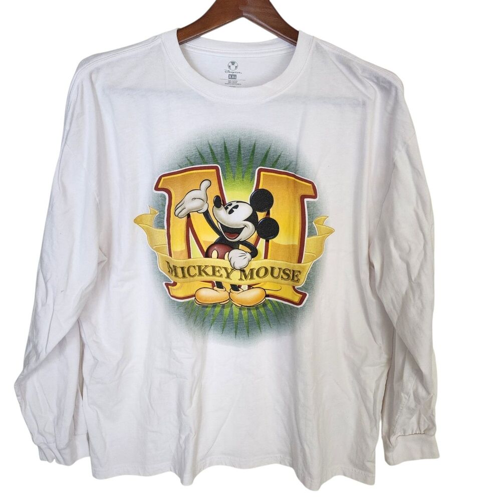 ​Disney Store Mickey Mouse Long Sleeve T-Shirt Men XXL White Graphic Tee Flaws